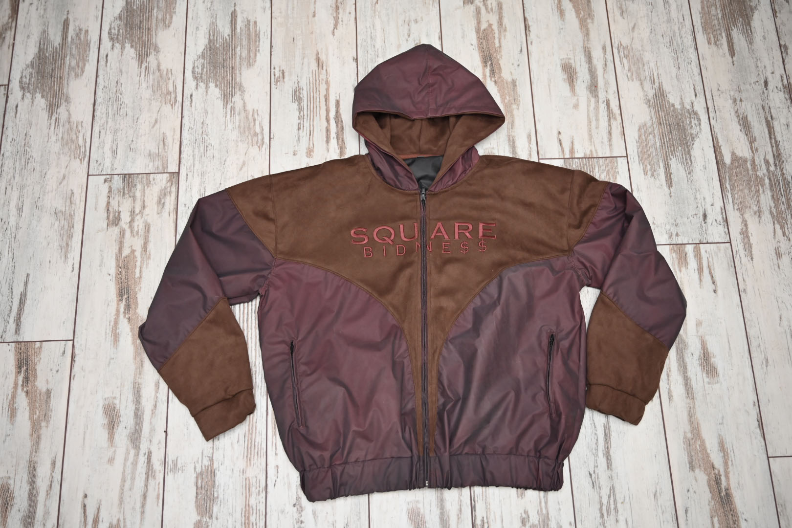 VSOP embroidered hooded jacket in burgundy and brown